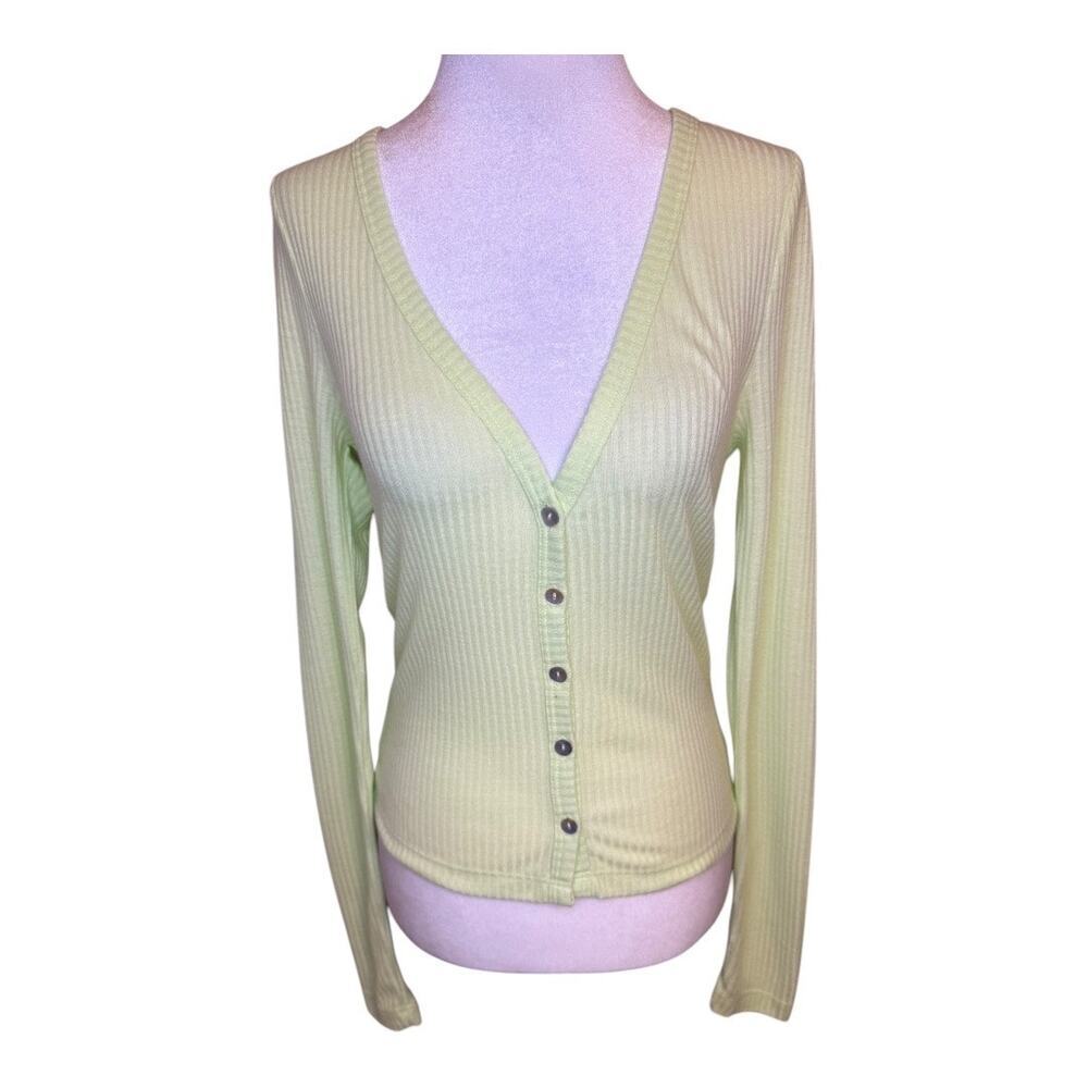 Noisy May Women's Medium Light Green Ribbed Button-Down Cardigan Sweater NWOT